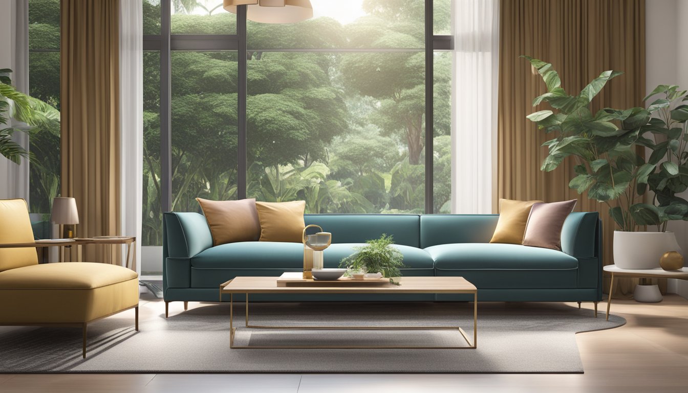 A sleek, modern Italian sofa sits in a spacious, well-lit living room in Singapore, surrounded by elegant decor and lush greenery