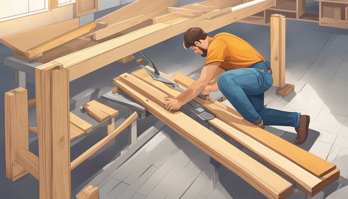 A carpenter constructs a built-in dining table and bench, measuring, cutting, and assembling wood pieces in a well-lit workshop