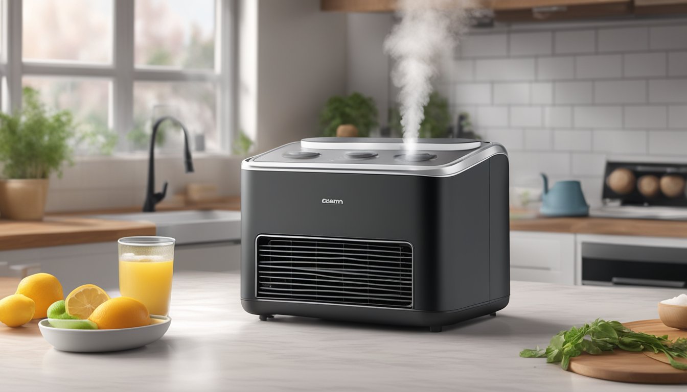 A mini air cooler sits on a kitchen countertop, surrounded by steam from cooking. It blows cool air, providing relief from the heat