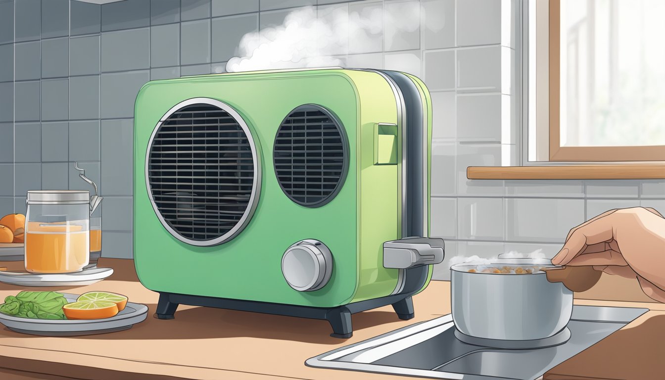 A hand reaches for a compact mini air cooler on a kitchen counter, surrounded by steam and heat