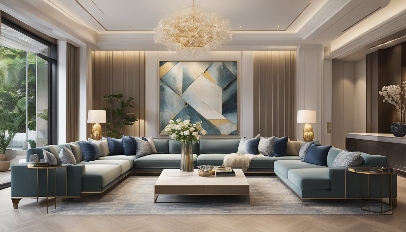 A luxurious living room with modern furniture and elegant decor, showcasing the work of top interior designers in Singapore