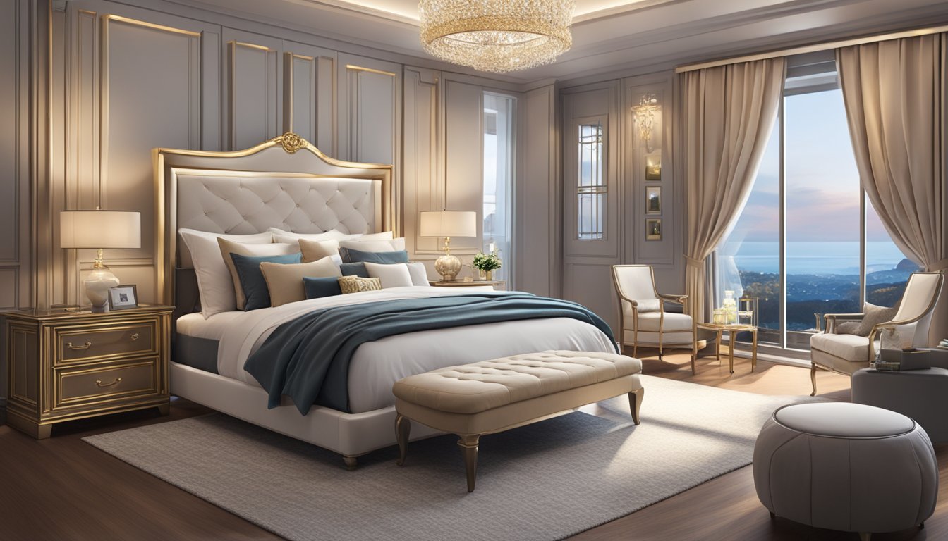 A luxurious bedroom with a king-sized bed, plush bedding, elegant furniture, and soft lighting
