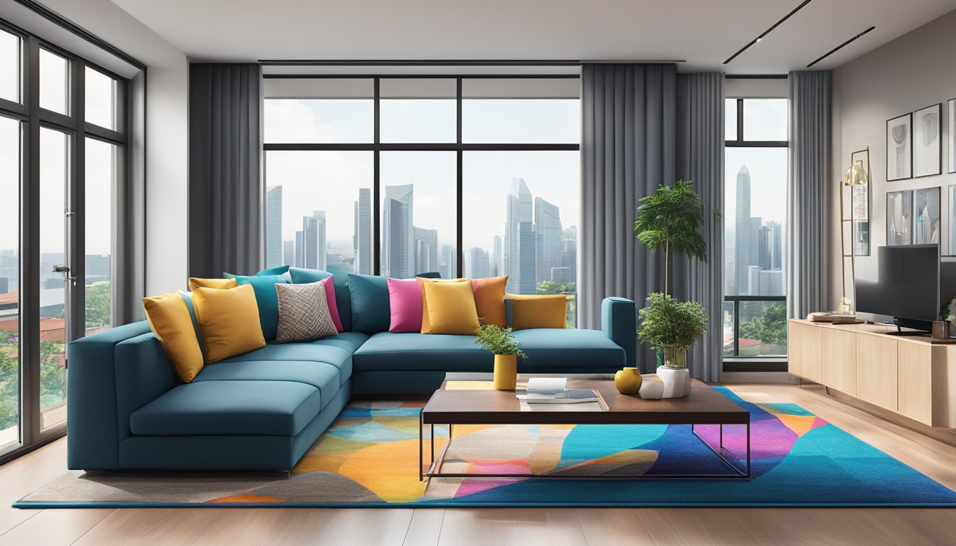 A modern Singapore living room with sleek furniture, a large window overlooking the city skyline, and a pop of color from a vibrant rug