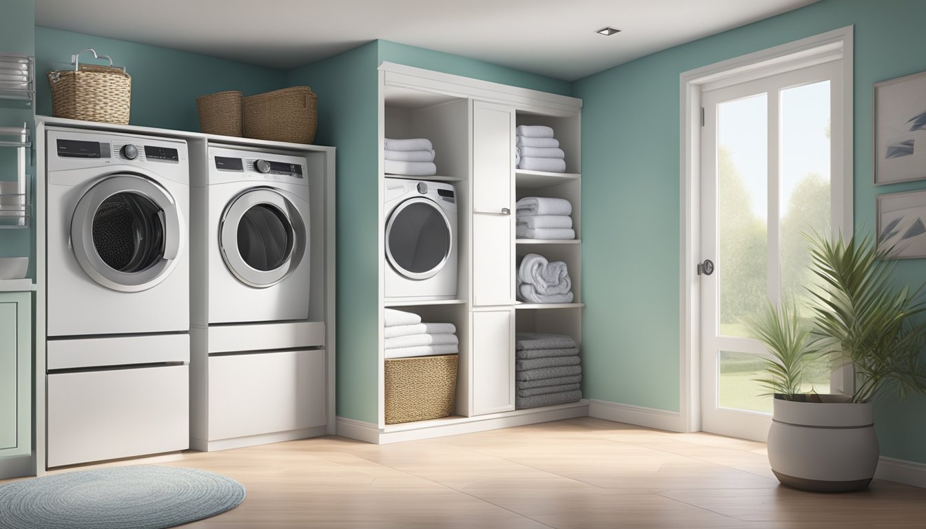 A top load washer dryer in a bright, modern laundry room with a stack of neatly folded towels nearby