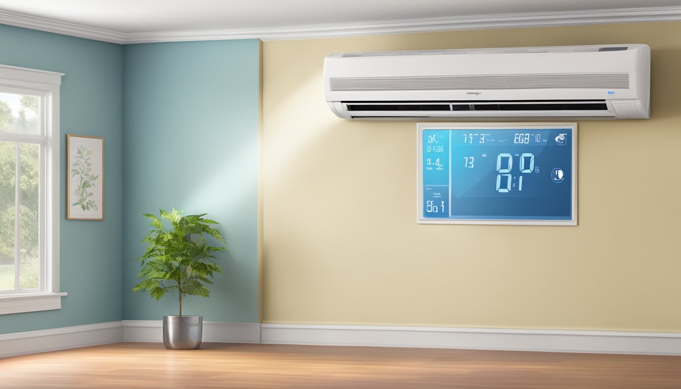 A split AC unit mounted high on a wall, blowing cool air into a room with a digital temperature display