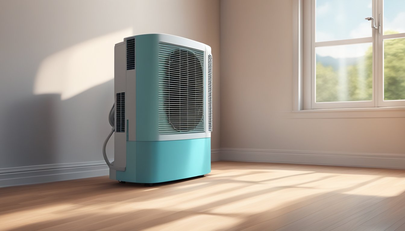 A giant portable air conditioner hums loudly in a small room, blowing cool air and casting a shadow on the wall