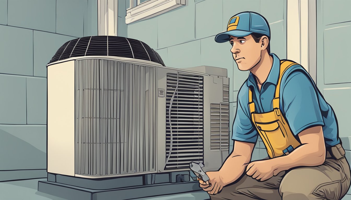 An air conditioning technician inspecting a unit with tools and a puzzled expression as cold air fails to blow