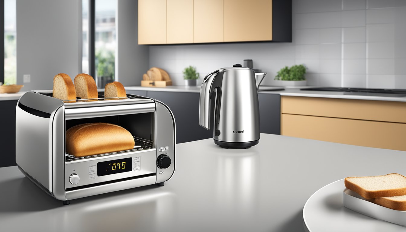 A bread toaster in a modern Singaporean kitchen, with a sleek design and digital display, toasting a slice of bread to a perfect golden brown