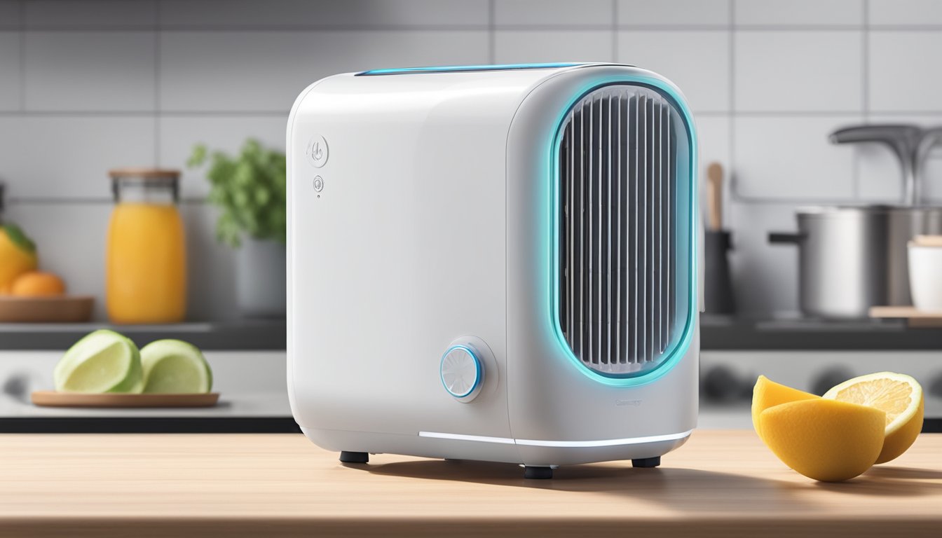 A mini air cooler sitting on a kitchen counter, surrounded by steam and heat. It is compact and efficient, with a sleek design and easy-to-use features