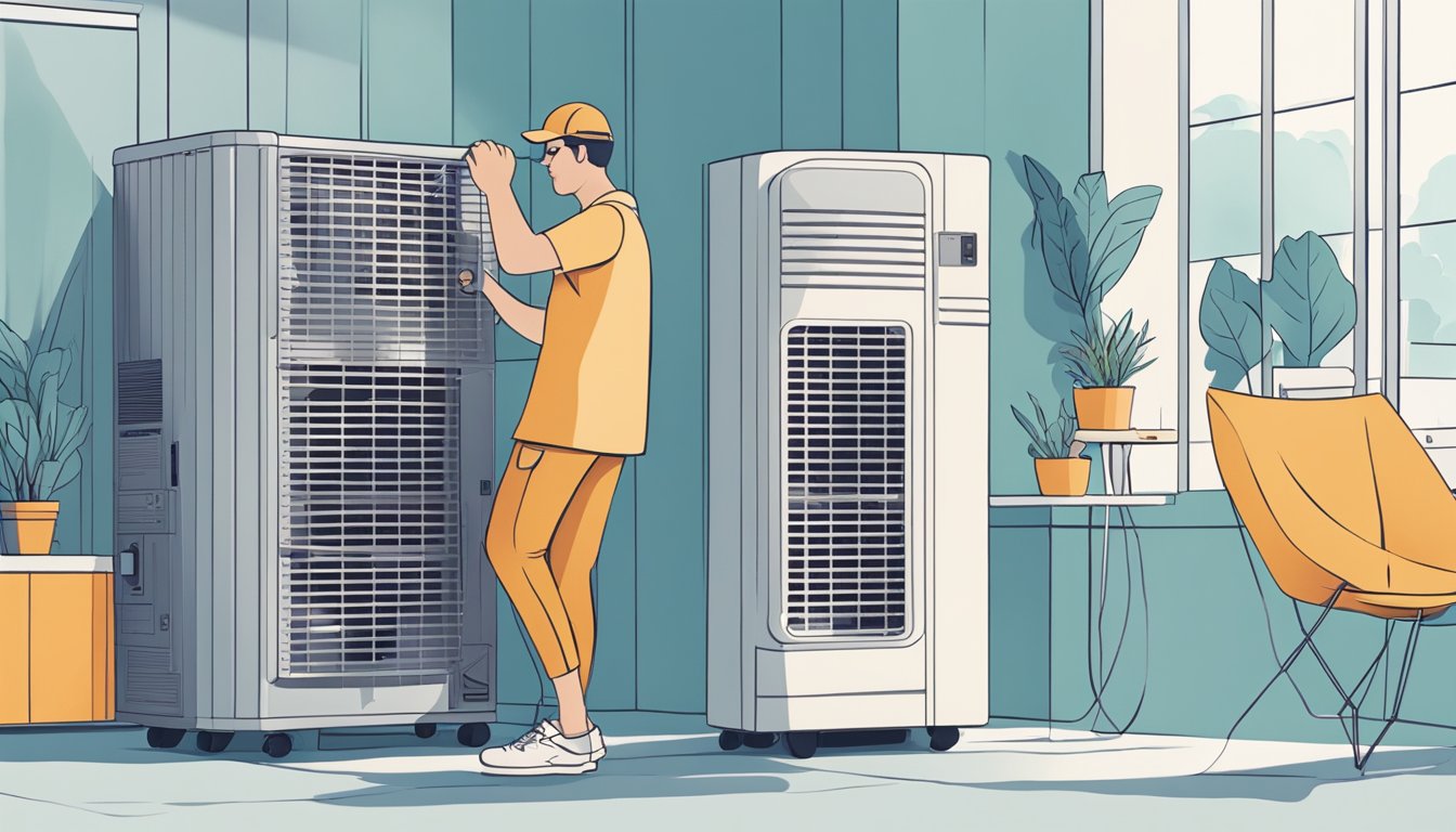 A person standing in front of a large portable aircon unit, adjusting the settings and feeling the cool air coming out of the machine