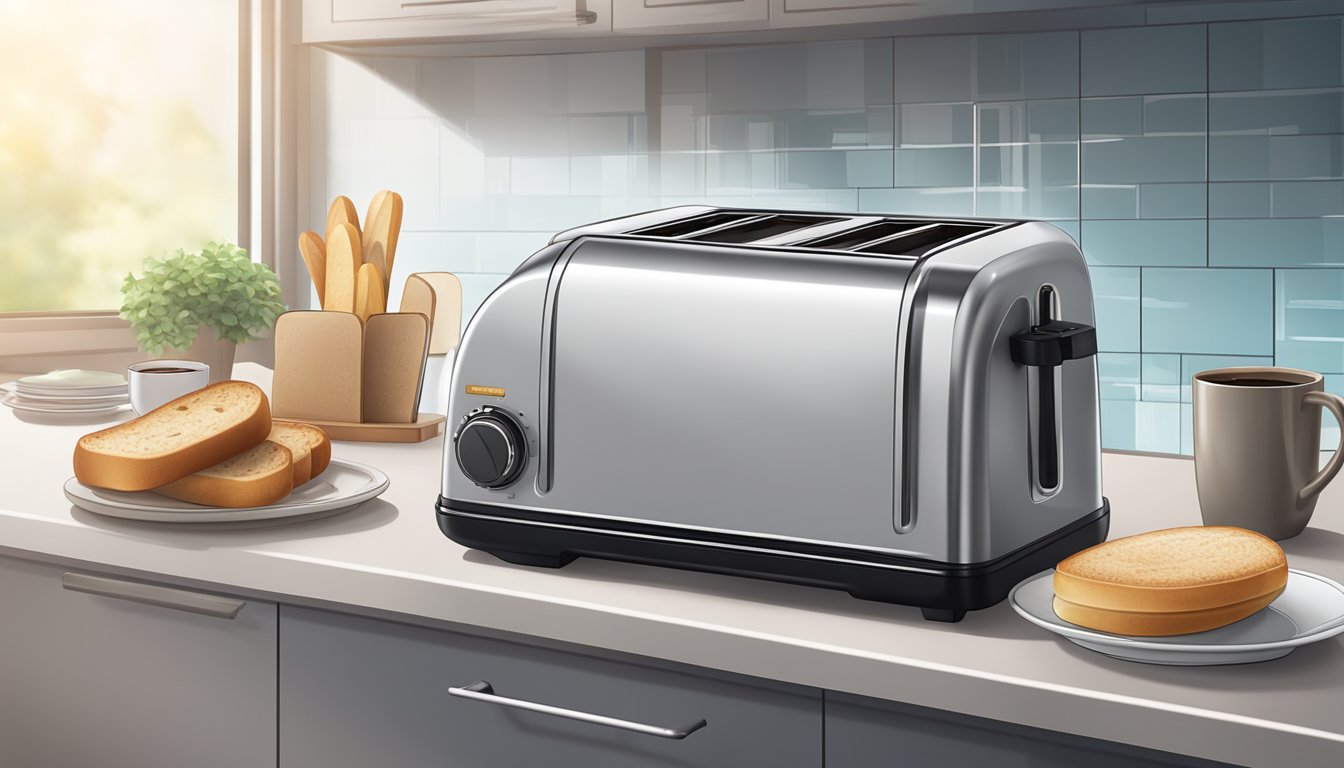 A modern kitchen in Singapore with a sleek bread toaster on the counter, surrounded by freshly baked bread and a steaming cup of coffee