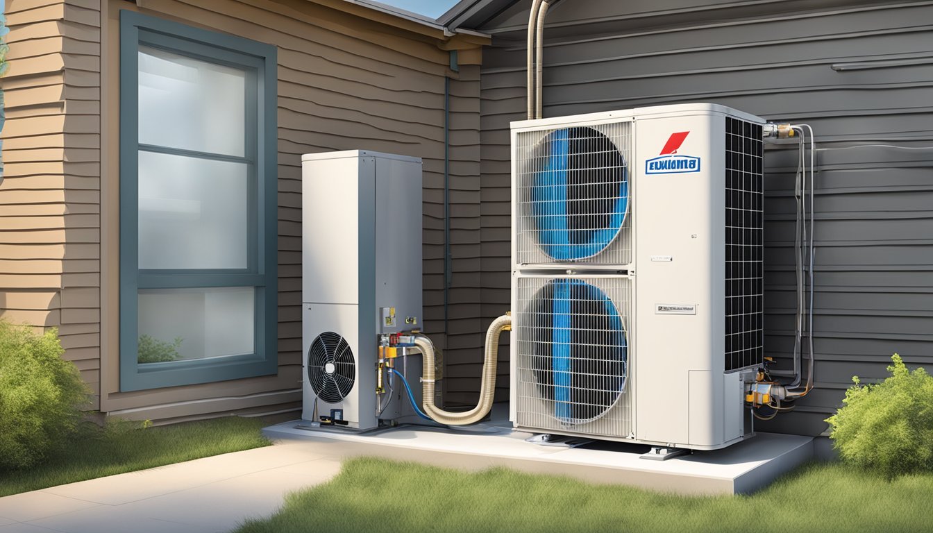 A split AC system with an outdoor condenser unit connected to an indoor evaporator unit via refrigerant lines and electrical wiring