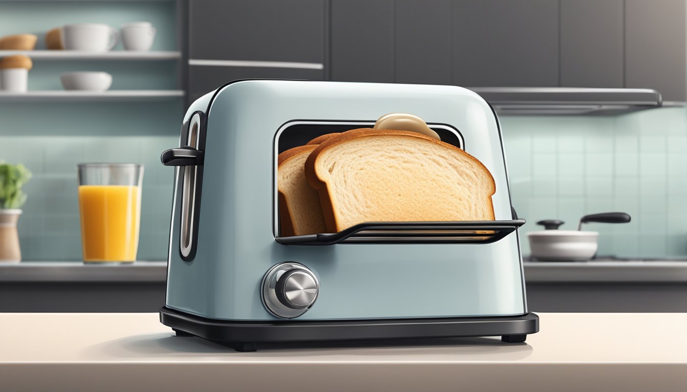 A slice of bread pops out of a sleek toaster in a modern kitchen in Singapore, creating a warm and inviting breakfast scene