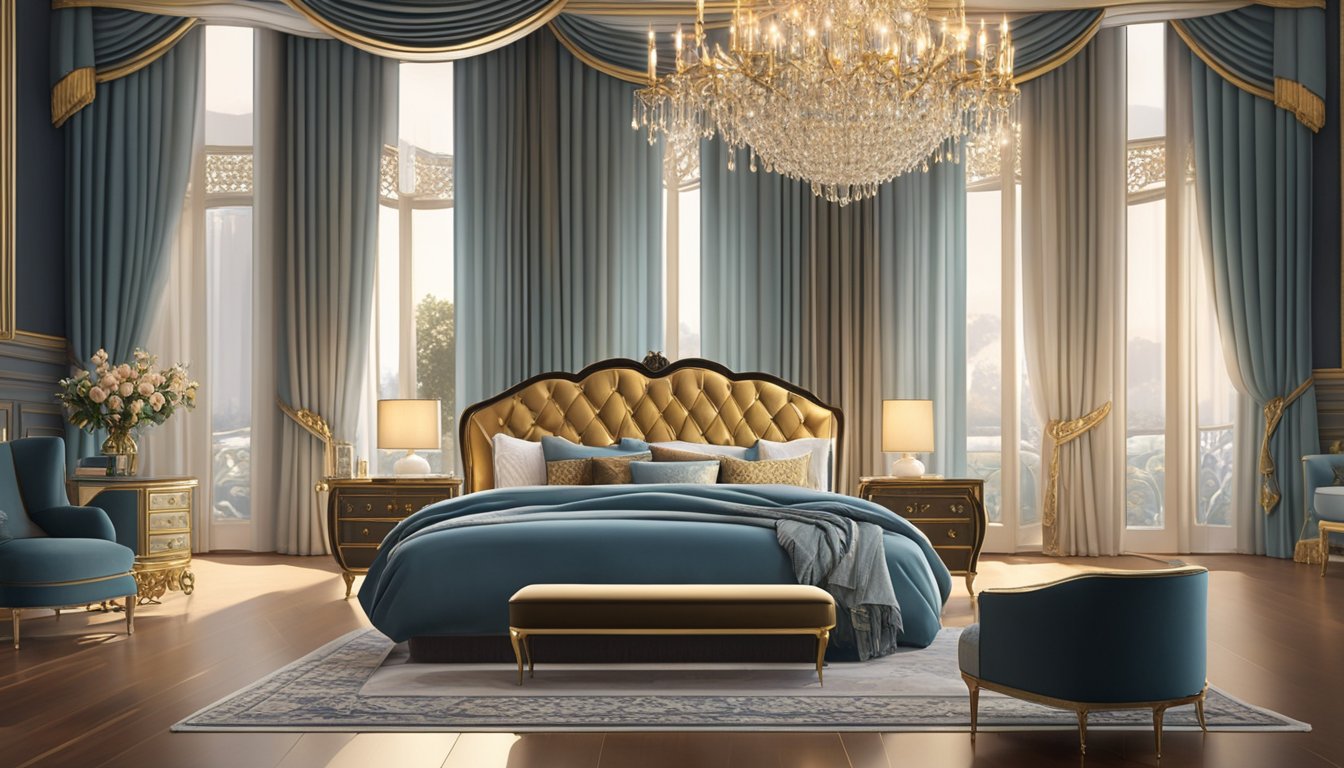 A king-sized bed with plush pillows and a velvet headboard sits against a backdrop of elegant wallpaper and ornate curtains. A crystal chandelier hangs from the ceiling, casting a warm glow over the opulent furnishings