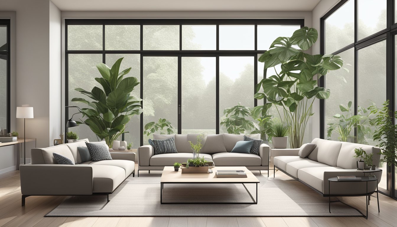 A modern living room with clean lines, neutral colors, and minimalistic furniture. Large windows let in natural light, and indoor plants add a touch of greenery