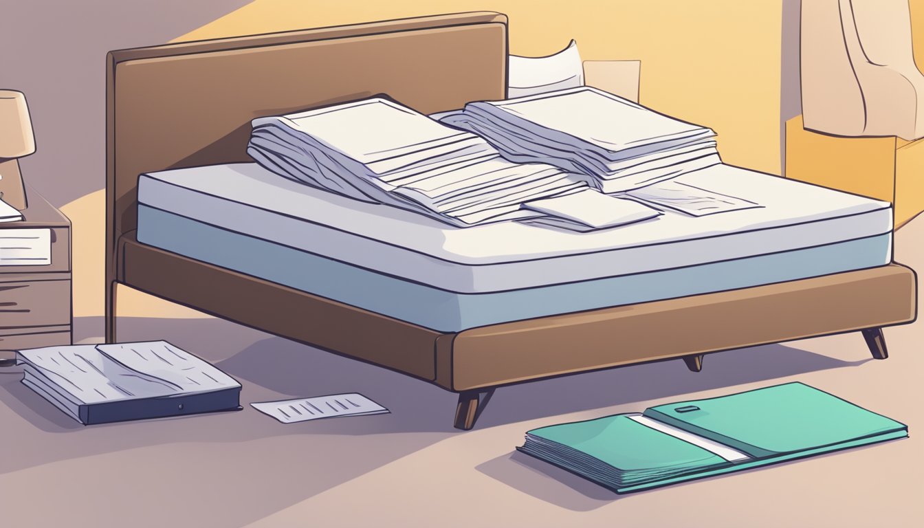 A bed with a neatly made mattress, surrounded by a stack of FAQ papers and a laptop with the "Frequently Asked Questions" webpage displayed