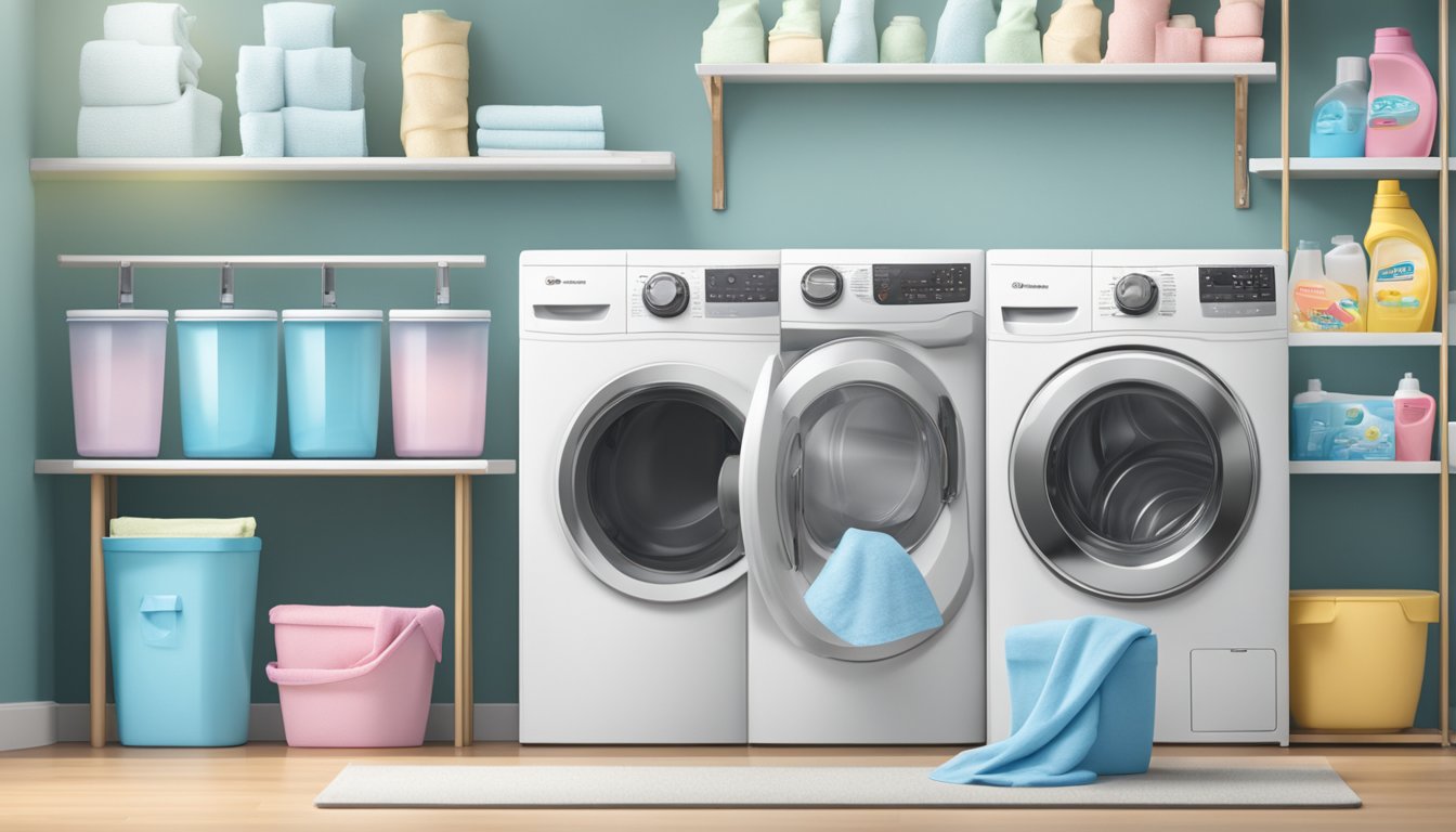 A top load washer and dryer stand side by side with a stack of laundry detergent and fabric softener on top. The machines are surrounded by a clean and organized laundry room