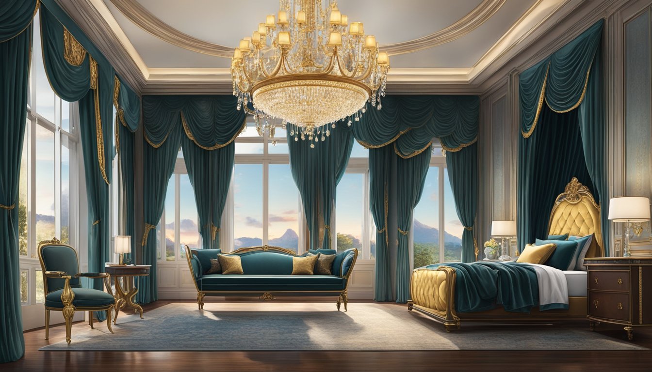 A grand chandelier illuminates a spacious, opulent bedroom with plush velvet drapes, ornate furniture, and a rich color palette, evoking an atmosphere of elegance and luxury