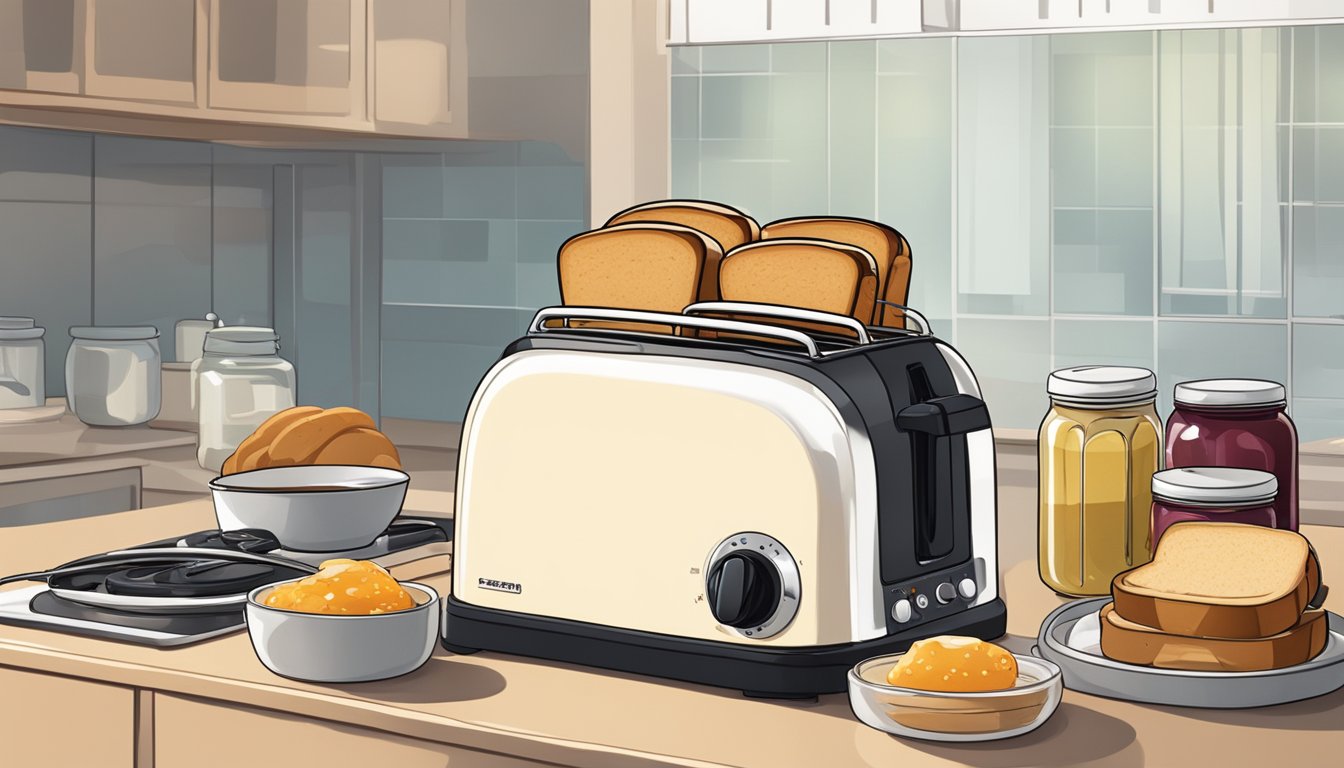 A bread toaster sits on a kitchen counter in Singapore, surrounded by various types of bread and a jar of jam