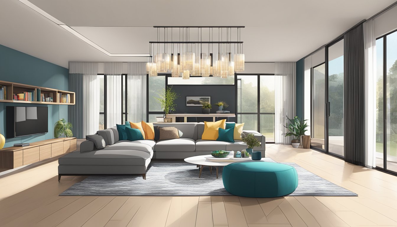 A modern living room with sleek furniture, clean lines, and pops of color. A statement lighting fixture hangs from the ceiling, and large windows let in natural light