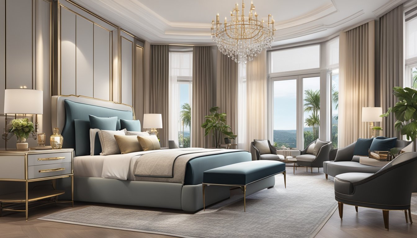 A spacious, opulent bedroom with elegant furniture and luxurious decor. A large, comfortable bed is the focal point, surrounded by high-end amenities and stylish accents