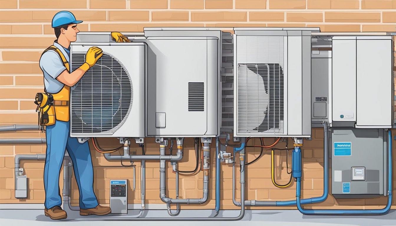 A technician installs and maintains a split AC unit, connecting pipes and wiring, adjusting settings, and testing for proper function