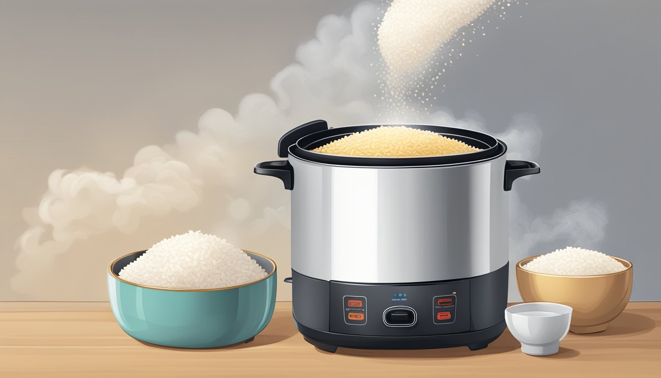 A rice cooker steamer releasing steam while cooking rice