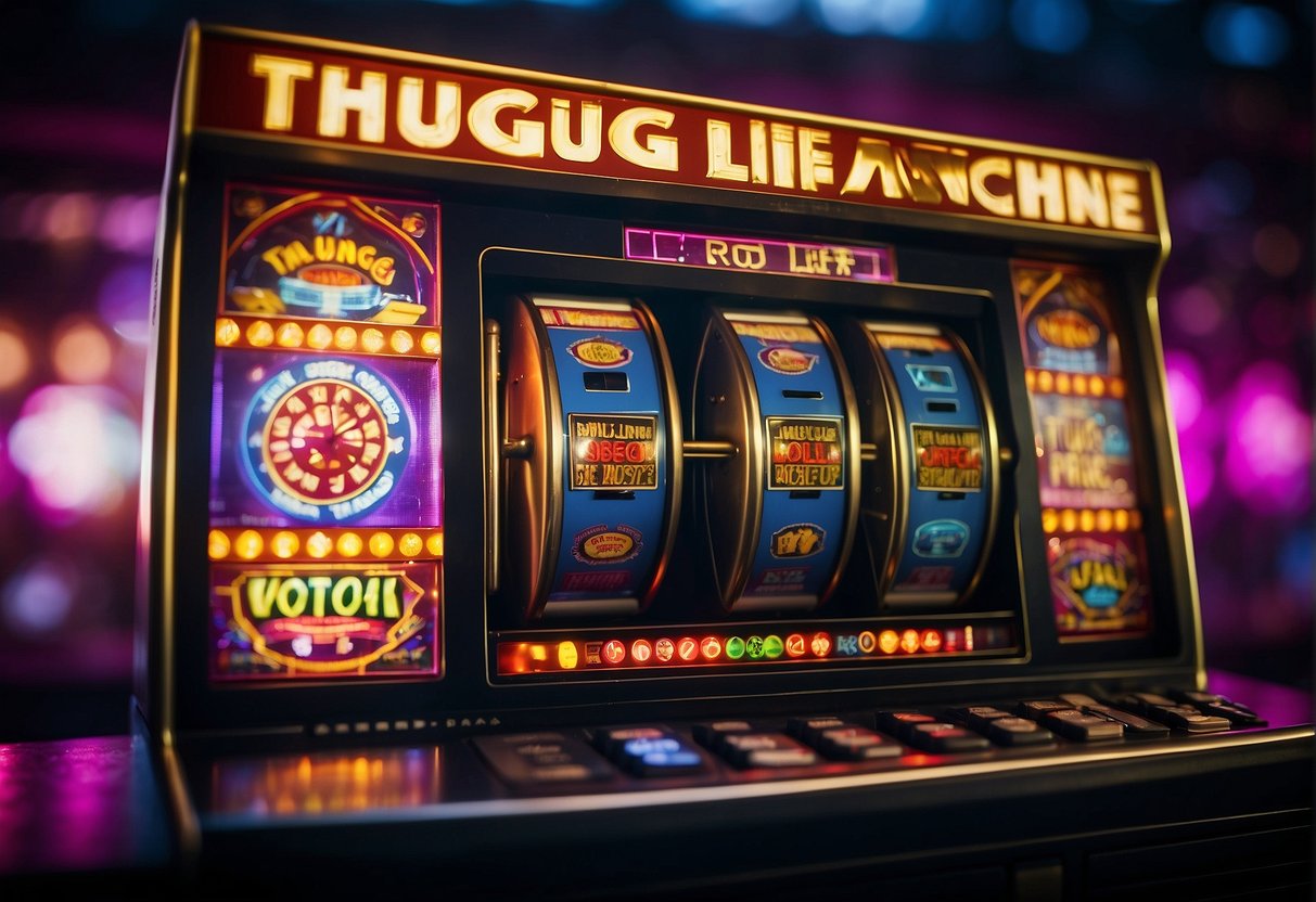 A slot machine with the words "Thug Life" displayed on the screen, surrounded by colorful flashing lights and symbols