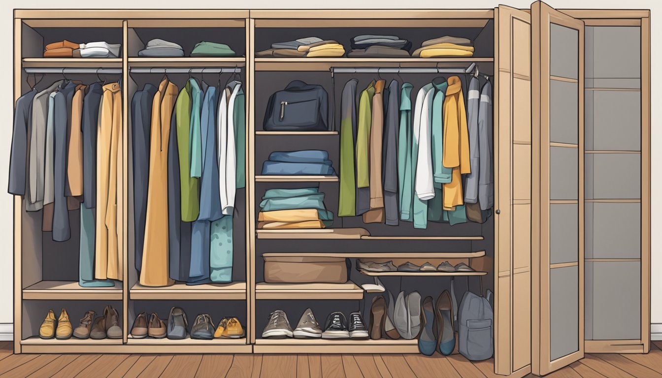 A wardrobe closet stands tall, filled with neatly hung clothes and stacked shoes. The doors are slightly ajar, revealing the organized chaos within