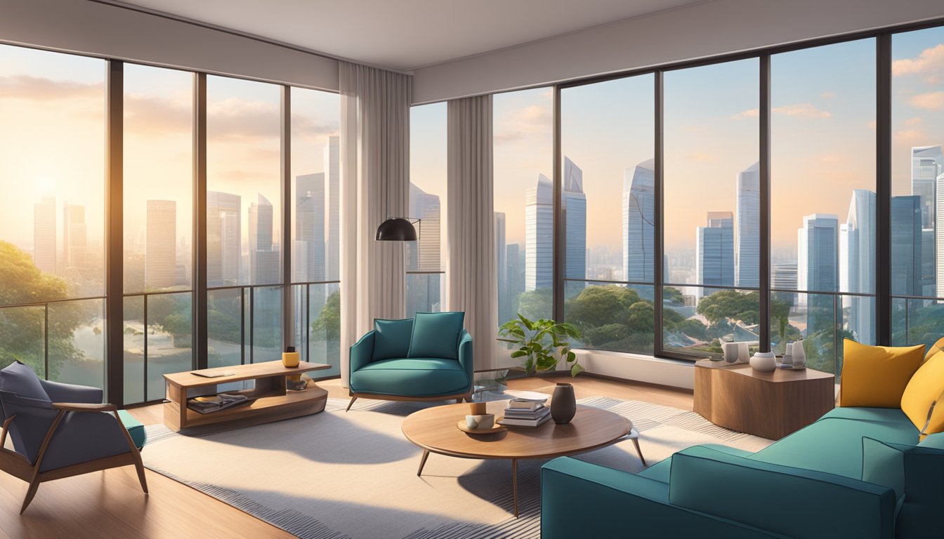 A cozy Singapore living room with modern furniture, a sleek coffee table, and vibrant accents. Large windows let in natural light, showcasing a stunning city view