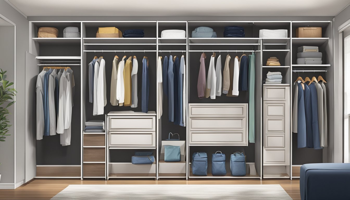 A variety of wardrobe closets line the room, showcasing different sizes, materials, and designs. The closet doors are open, revealing the potential storage space inside