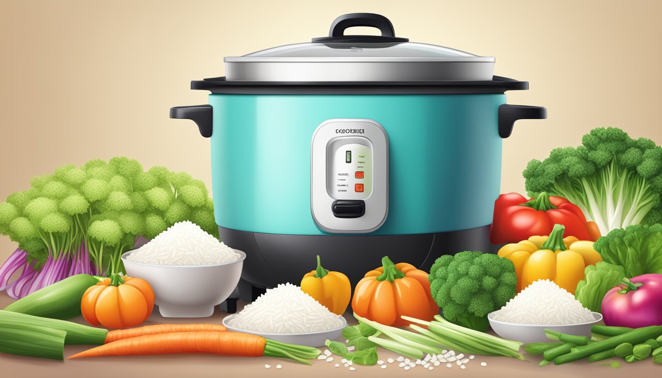 Rice cooker steamer releasing aromatic steam, surrounded by fluffy rice and vibrant vegetables