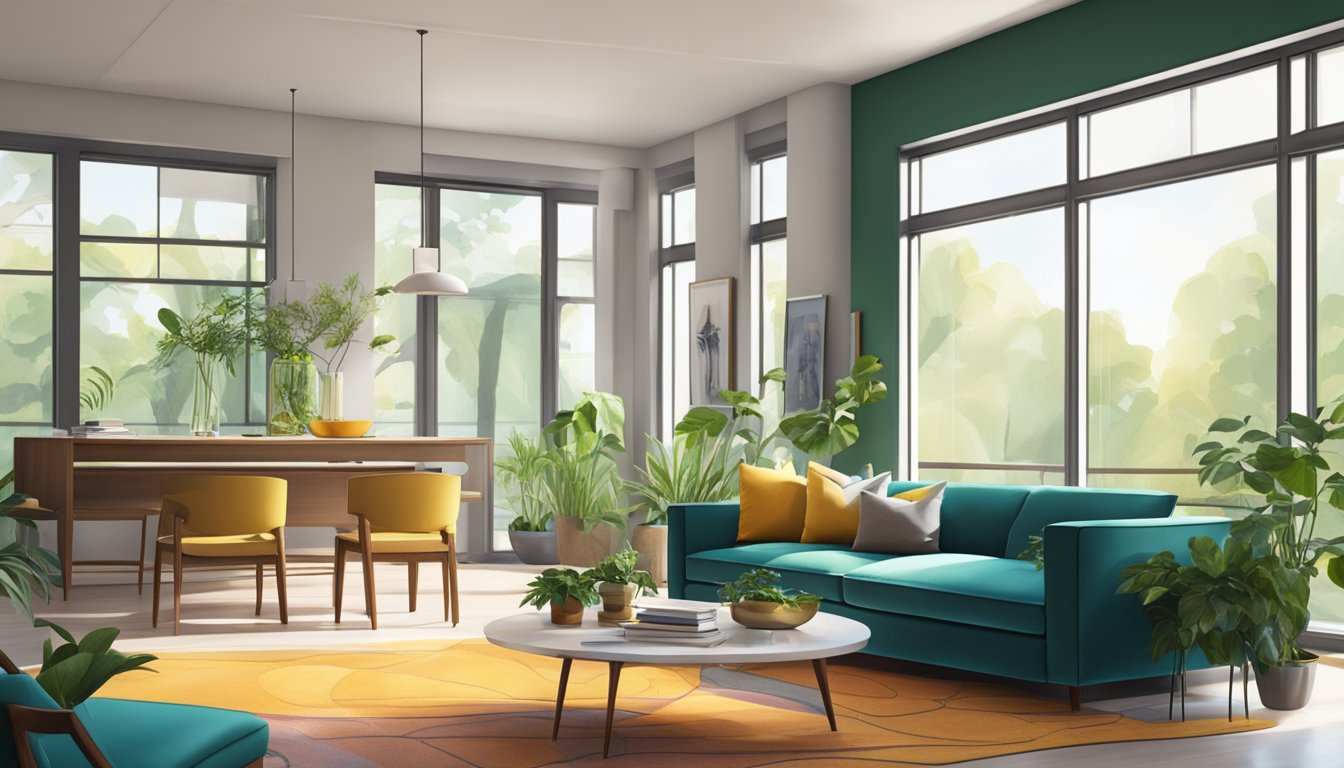 A modern living room with sleek furniture, vibrant colors, and natural light streaming in through large windows. Artful decor and greenery add a touch of elegance to the space
