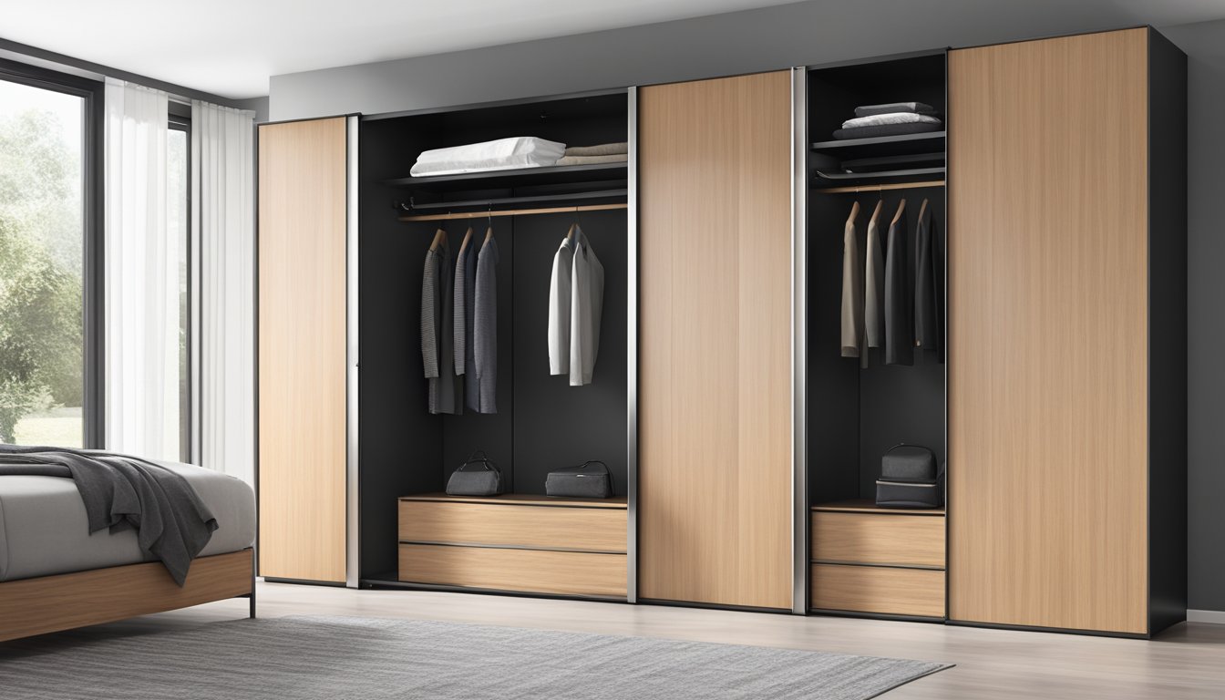 A sleek, modern wardrobe closet with clean lines and a combination of wood and metal materials. The design features sliding doors and adjustable shelving for versatile storage options