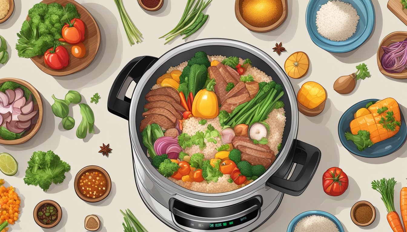A rice cooker steamer filled with an assortment of colorful vegetables and meats, emitting steam as it cooks, surrounded by various spices and seasonings