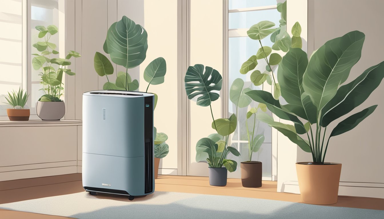 A dehumidifier sits in a cozy living room, removing excess moisture from the air. A family of houseplants thrives in the improved environment, while a subtle glow emanates from the machine, indicating its quiet operation