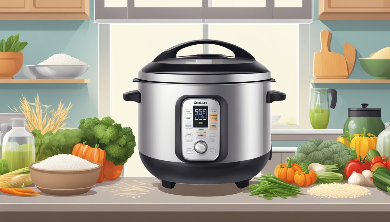 A rice cooker steamer in a modern kitchen, surrounded by various types of rice and vegetables, emitting steam as it cooks
