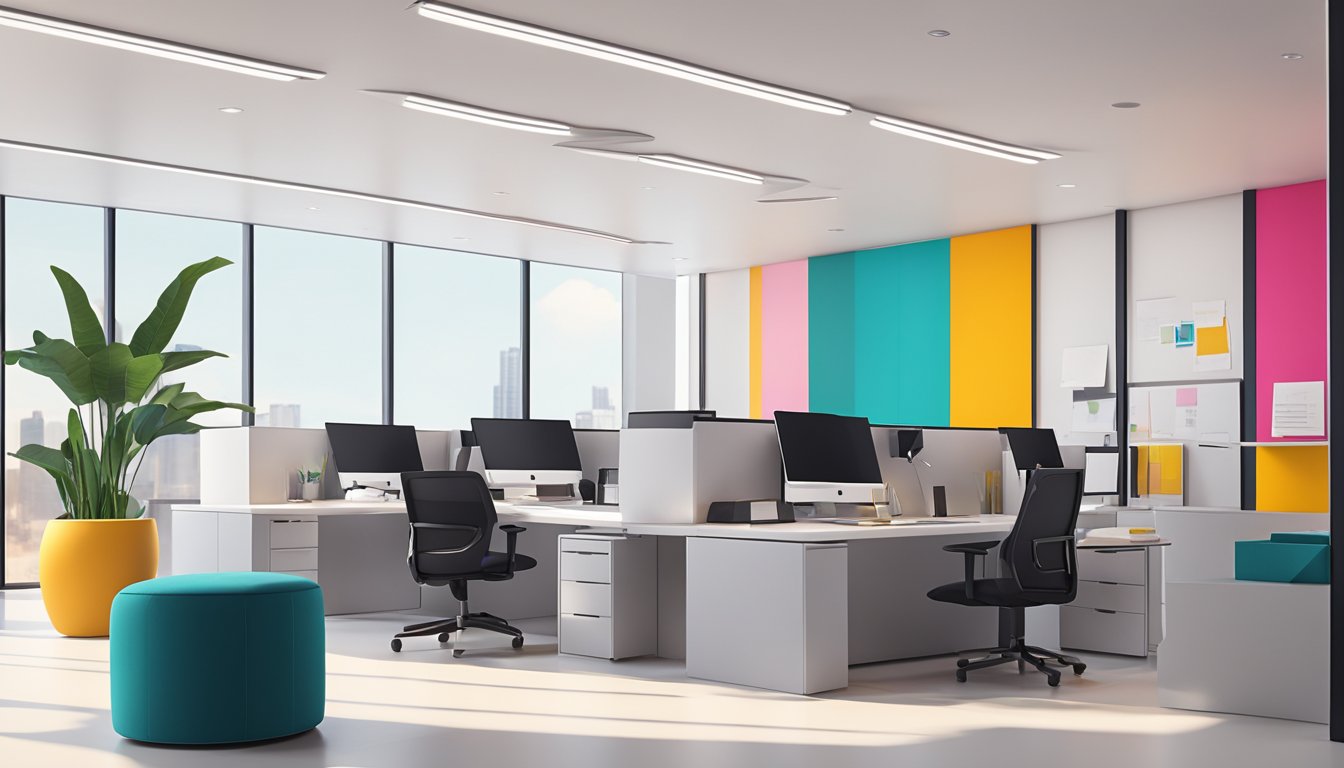 A sleek, modern office space with minimalist furniture and pops of vibrant color. Clean lines and natural light create an inviting atmosphere