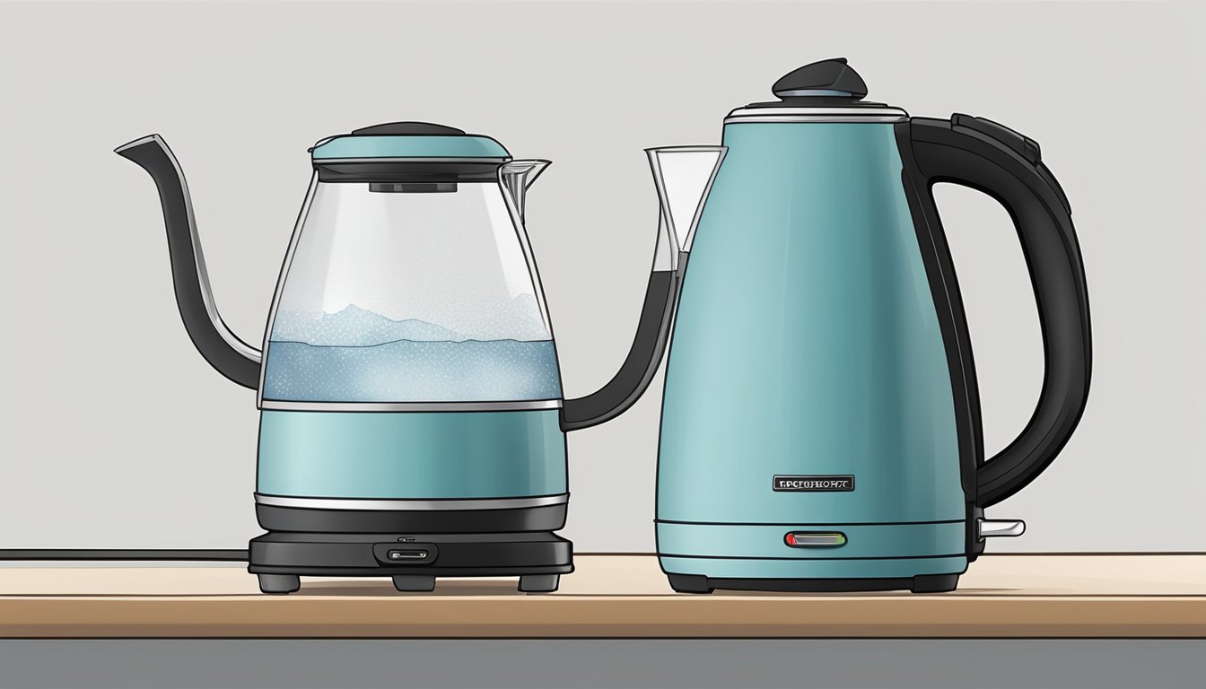 An electric water kettle sits on a kitchen countertop, steam rising from its spout as it boils water