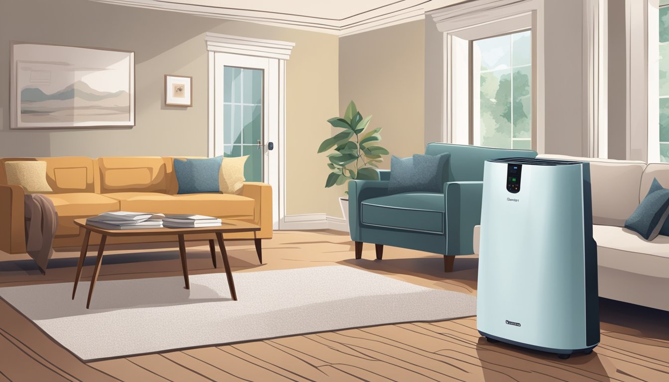 A dehumidifier sits in a cozy living room, quietly removing excess moisture from the air. The room is warm and comfortable, and the energy-efficient appliance helps protect the home from mold and mildew