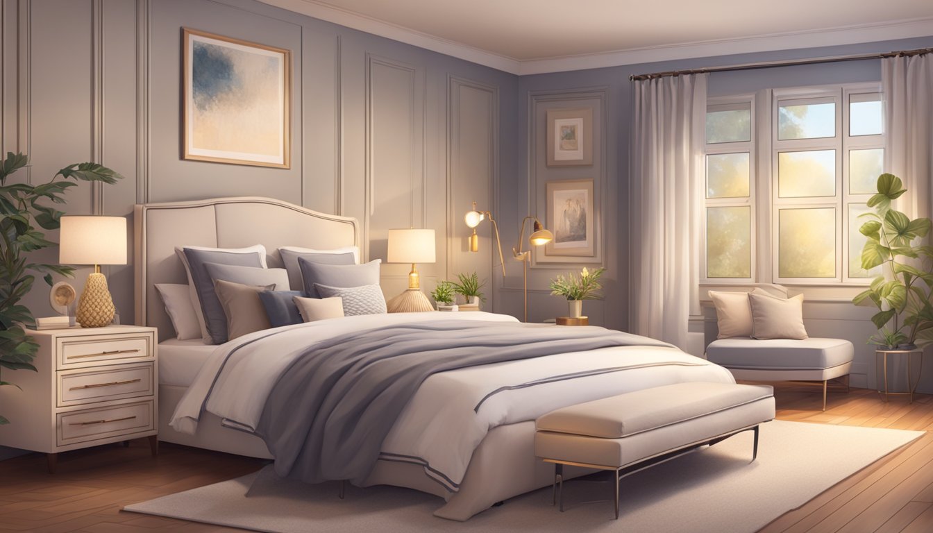 A cozy bedroom with a large, comfortable bed and matching bedside tables, adorned with elegant lamps and a few carefully chosen decorative items