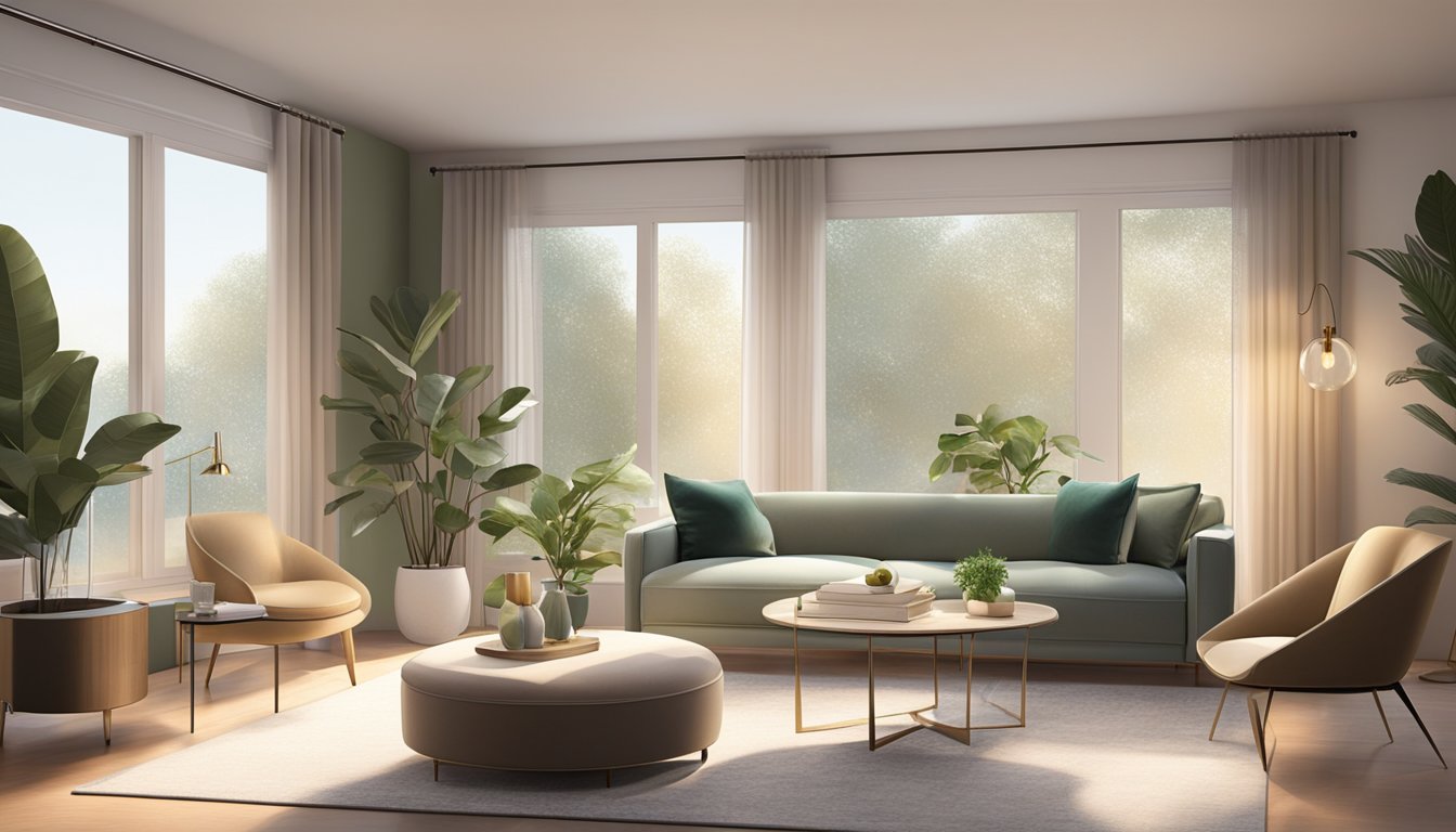 The living room is bathed in warm, soft lighting, casting a cozy glow over the modern decor and sleek furniture. Subtle accents of greenery and art add a touch of sophistication to the space
