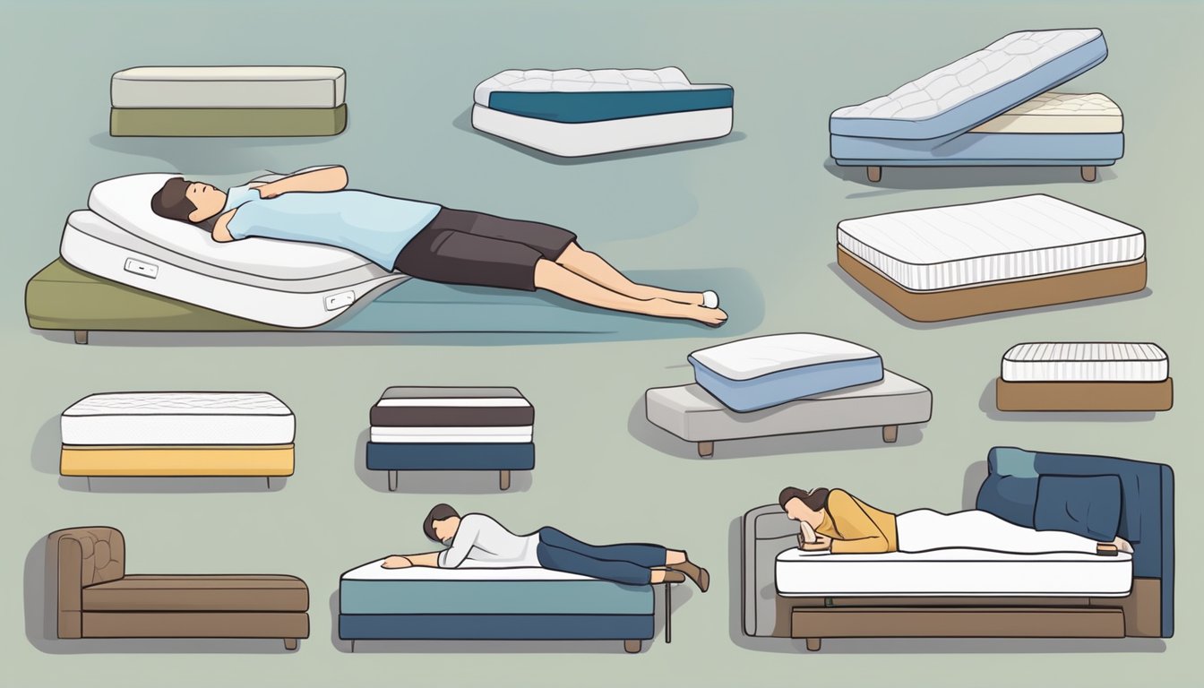 A person lies on a super single mattress, surrounded by various options. They carefully compare and select the perfect mattress for their needs