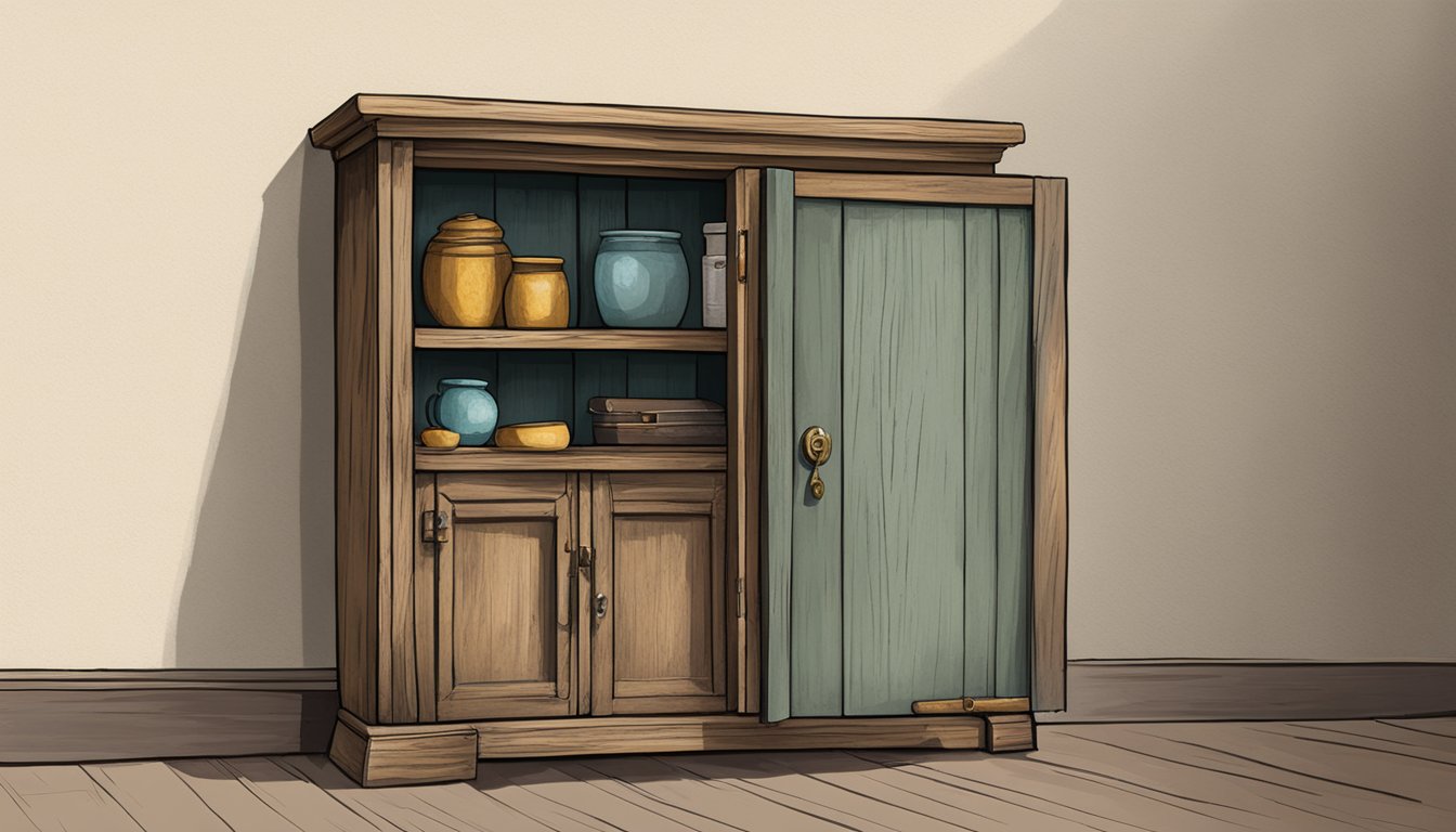 A small cabinet sits against the wall, its wooden frame weathered with age. The door is slightly ajar, revealing a glimpse of the items stored inside