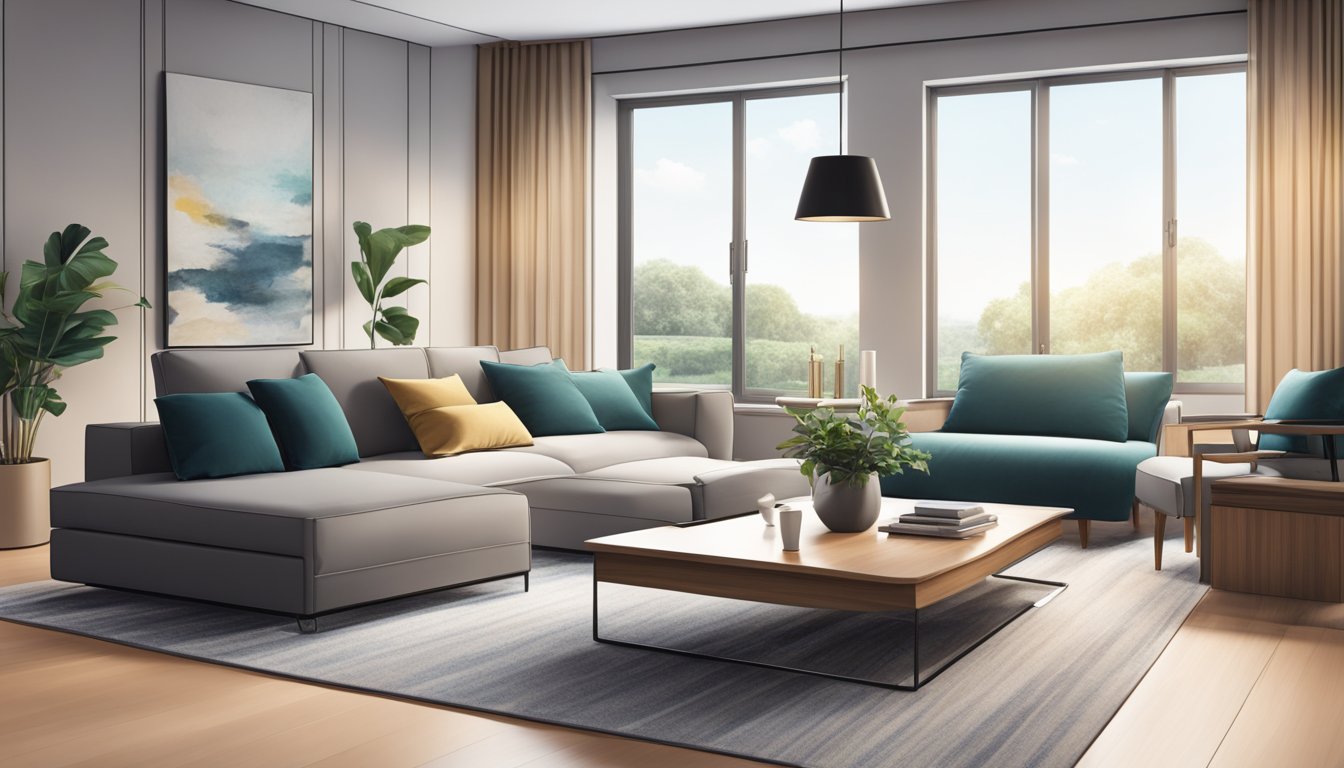 A modern living room with an adjustable coffee table in front of a sleek sofa and a soft rug underneath. The table is in its raised position, creating a versatile and stylish focal point in the room