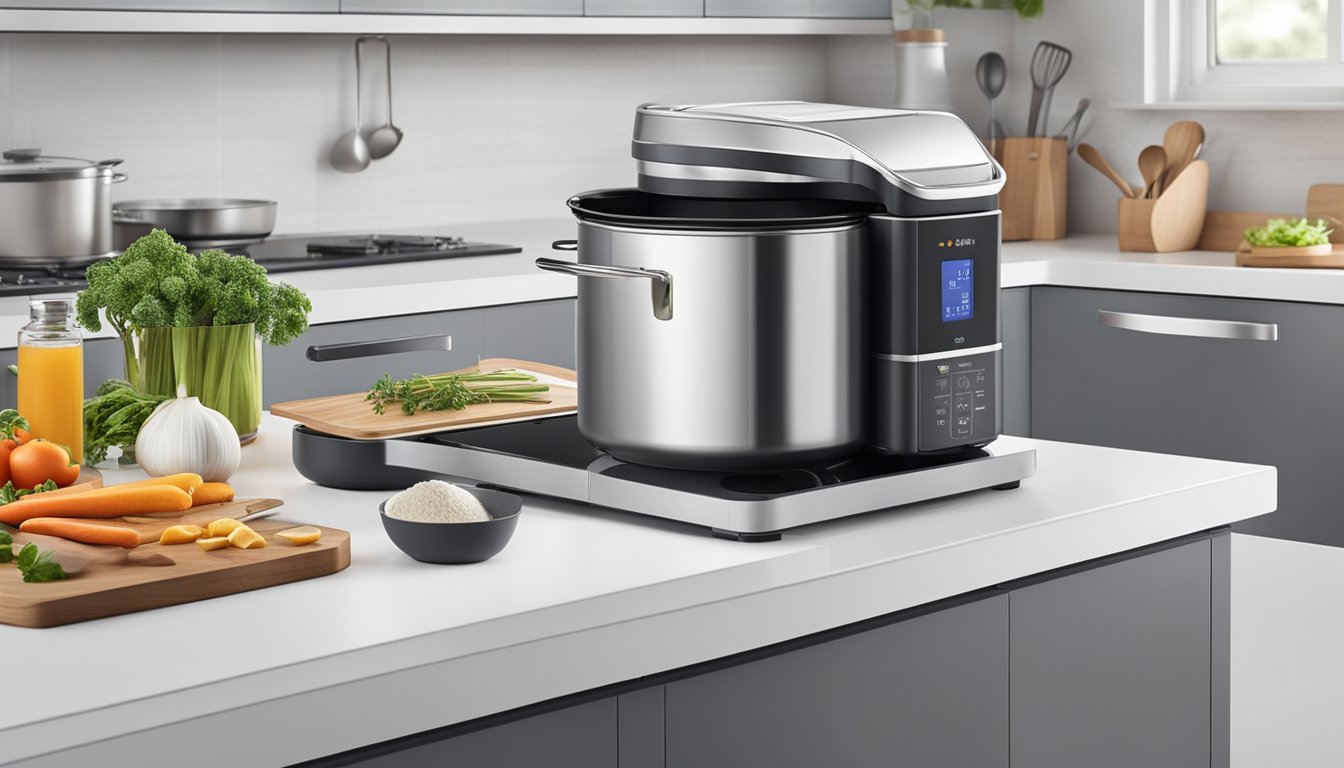 A multi-function cooker sits on a clean, modern kitchen countertop, surrounded by various cooking ingredients and utensils. The cooker's sleek design and digital display are prominently featured