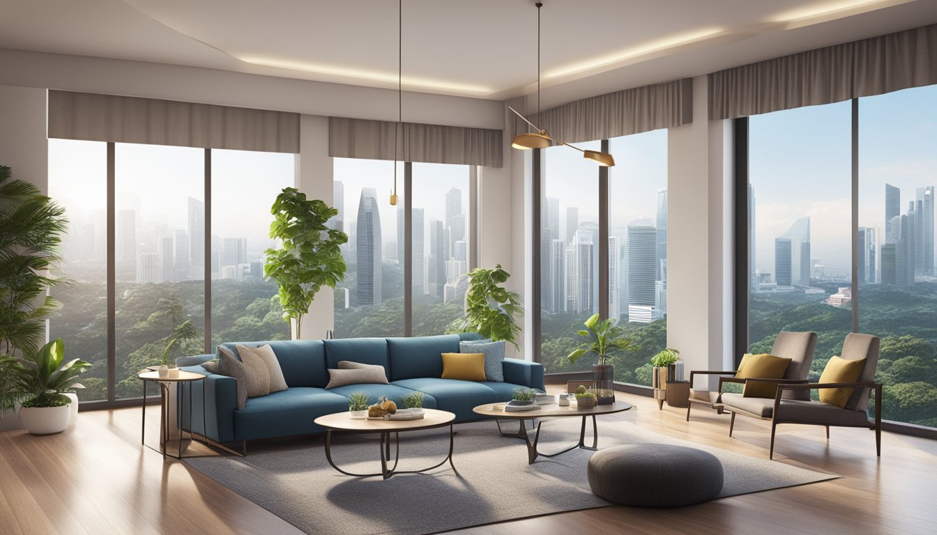 A cozy living room in Singapore with modern furniture, large windows letting in natural light, and a view of the city skyline