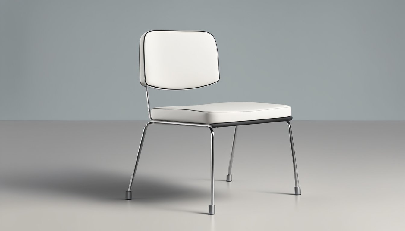 A chair sits at standard height, with four legs and a backrest, placed against a plain background