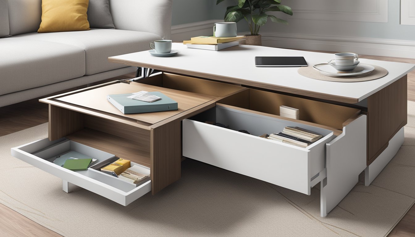 An adjustable coffee table with sleek lines and hidden compartments, transforming from a low to a high position with ease