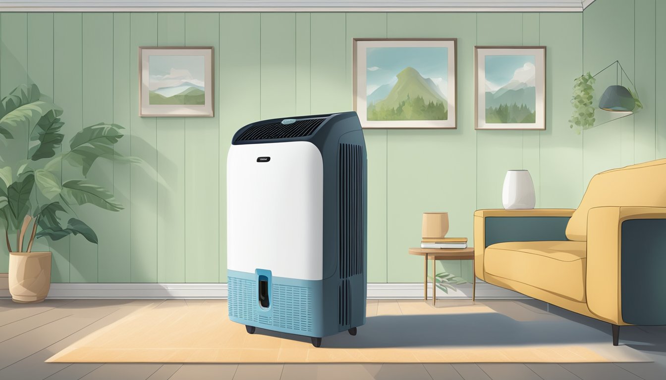 A dehumidifier sits in a room, removing moisture from the air. The surrounding environment feels dry and comfortable